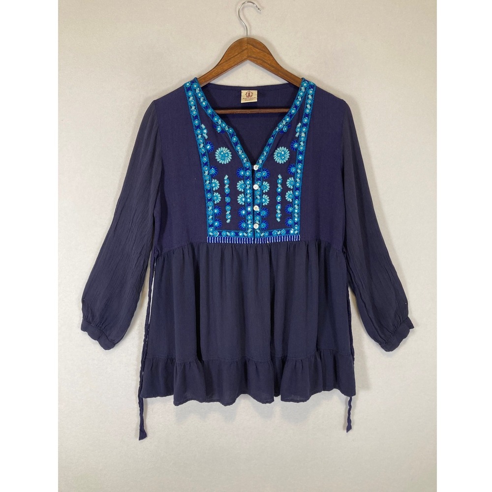 Boho Gypsy Rose Women L Purple Embroidered Sequin Mirror Babydoll Tunic Top